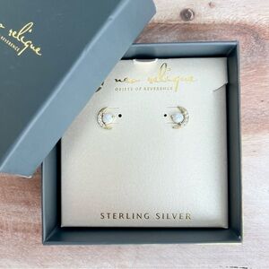 NEO RELIQUE 925 Sterling Silver Gold Moon & Opal Stud Earrings